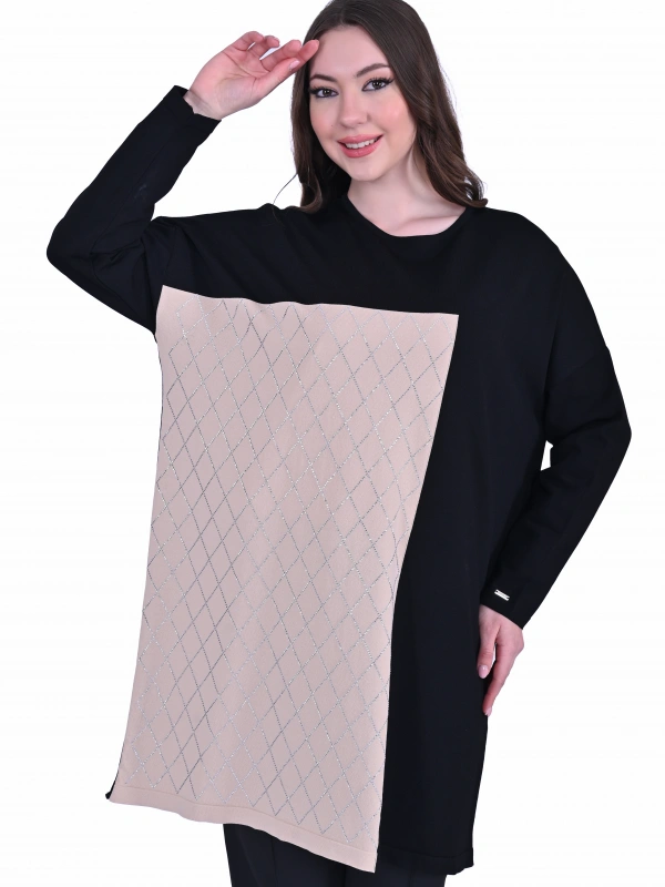 İNVEE 7062 Taş Baskılı Triko Tunik - Siyah