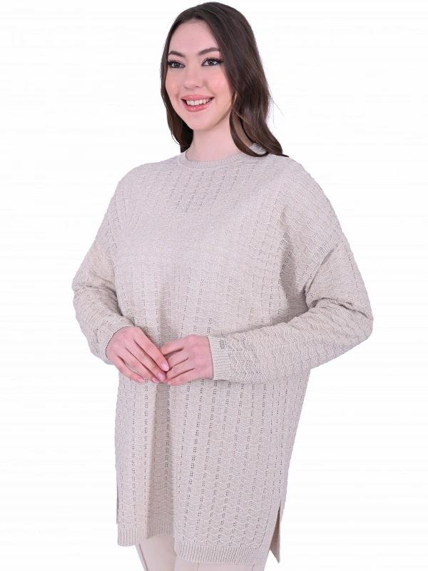 İNVEE 7063 Simli Bej Triko Tunik
