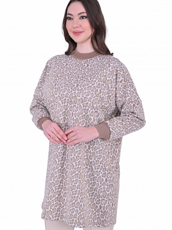 İNVEE 7067 Leopar Desenli Bej Tunik