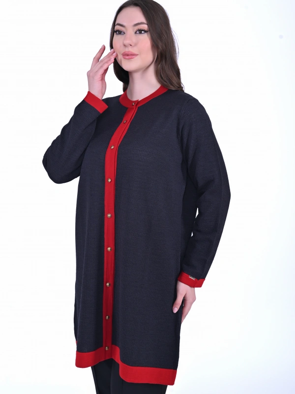 İNVEE 7068 Yün Karışımlı Antrasit-Kırmızı Hırka