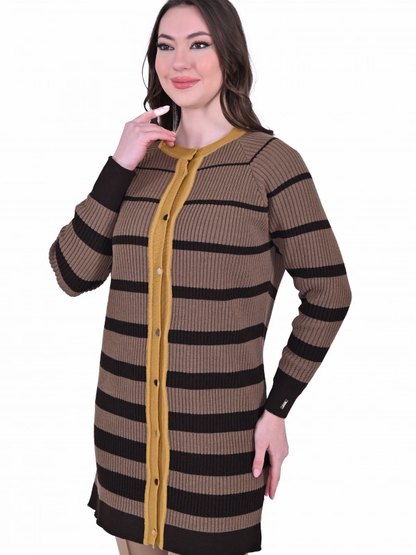 İNVEE 7075 Yün Karışımlı Renk Bloklu Hırka - Kahve