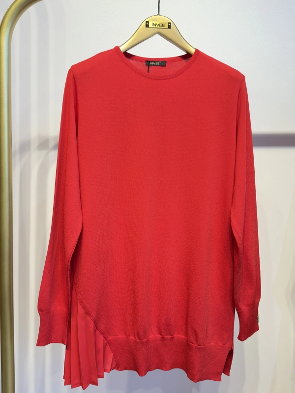 İNVEE Plise Detaylı Triko Tunik - Kırmızı