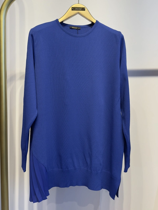 İNVEE Plise Detaylı Triko Tunik - Sax