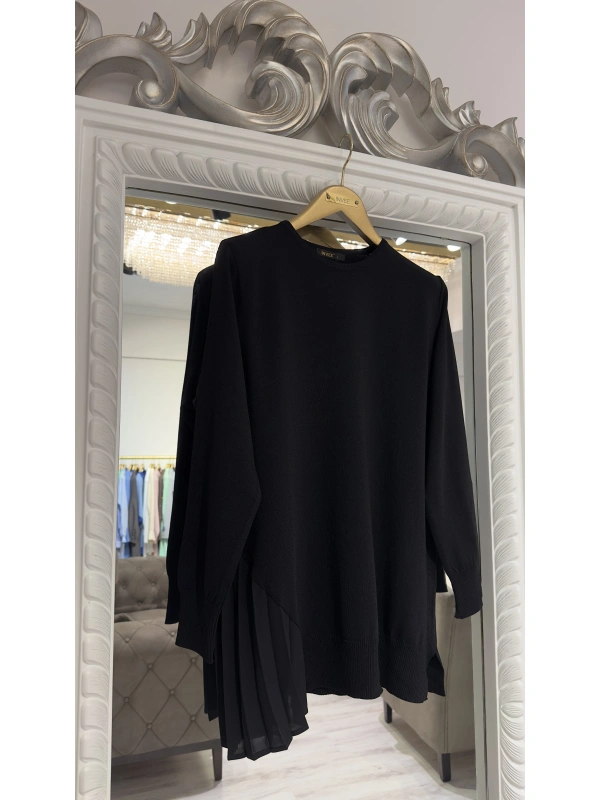 İNVEE Plise Detaylı Triko Tunik - Siyah