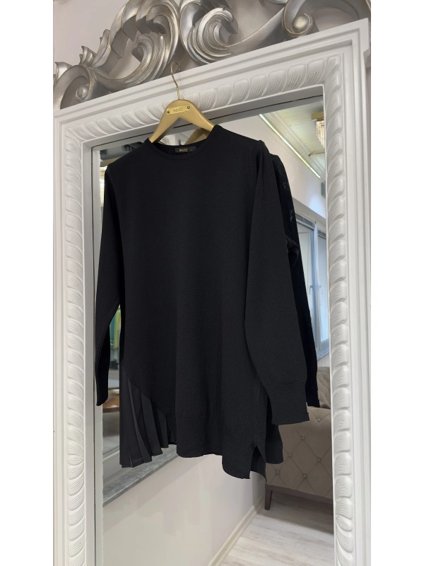 İNVEE Plise Detaylı Triko Tunik - Siyah