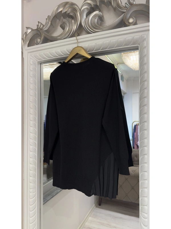 İNVEE Plise Detaylı Triko Tunik - Siyah