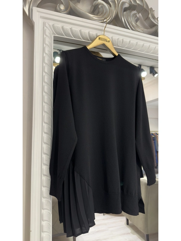 İNVEE Plise Detaylı Triko Tunik - Siyah