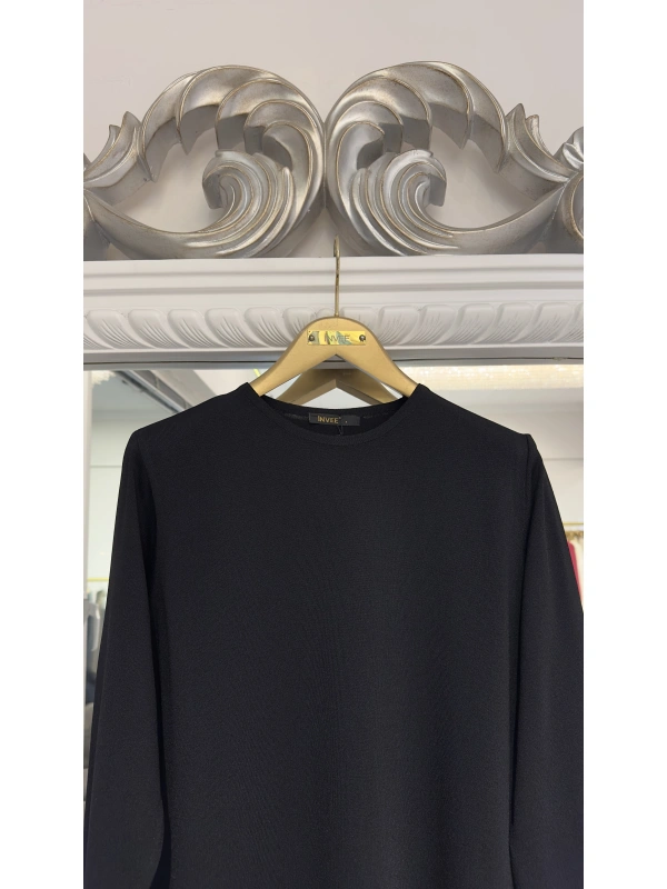 İNVEE Plise Detaylı Triko Tunik - Siyah