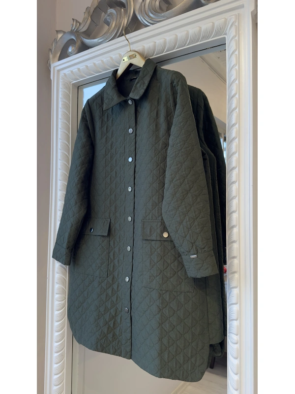 İNVEE Cepli Kapitone Uzun Ceket - Yeşil