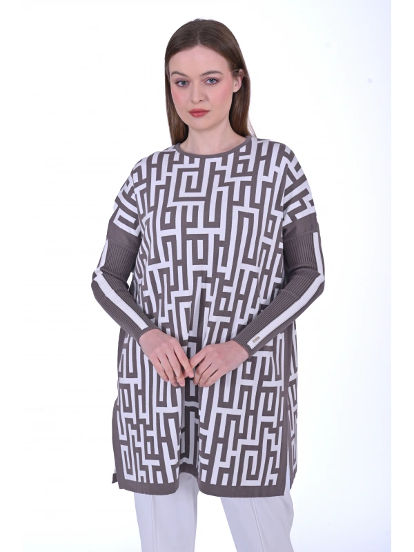 İNVEE 6872 Labirent Desen Triko Tunik - Vizon