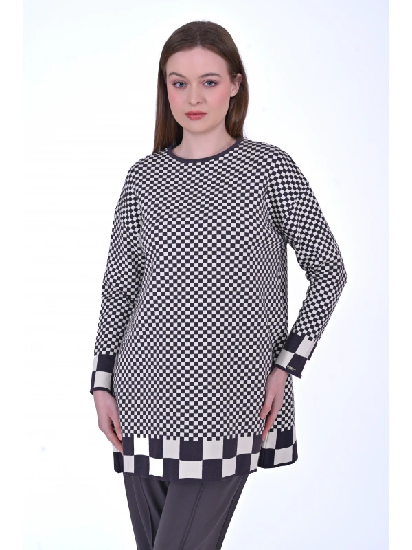 İNVEE 6873 Füme Küp Desen Triko Tunik