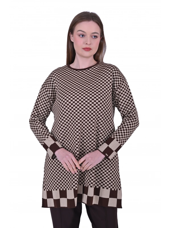 İNVEE 6873 Küp Desen Kahve Triko Tunik