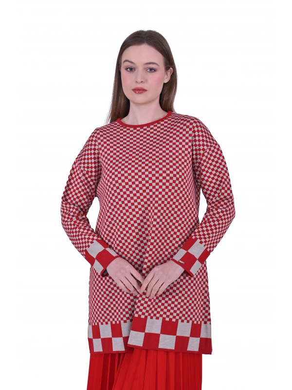 İNVEE 6873 Küp Desen Kırmızı Triko Tunik