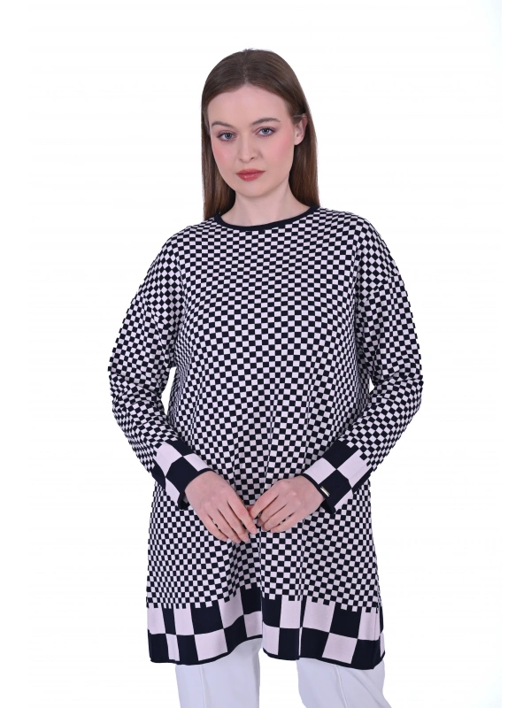 İNVEE 6873 Küp Desen Lacivert Triko Tunik