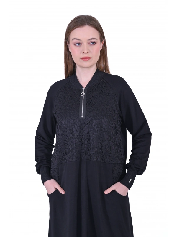 İNVEE Dantel Detaylı İki İplik Elbise - Siyah