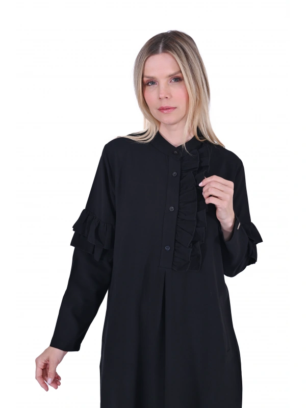 İNVEE 6925 Fırfır Detaylı Siyah Elbise