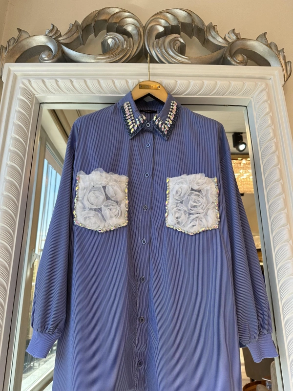 INVEE 7004 İşlemeli Mavi Gömlek