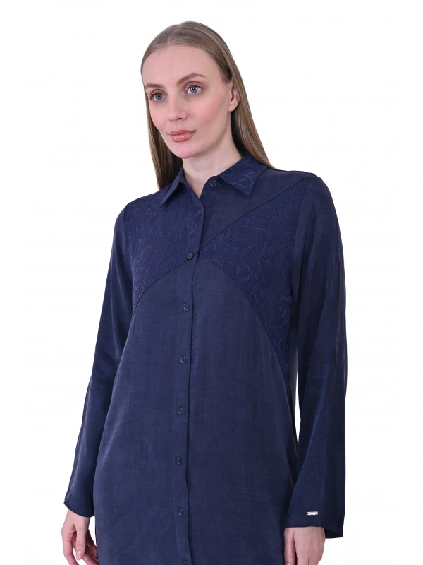 İNVEE 7032 İpek Qupra Gömlek Elbise - Lacivert