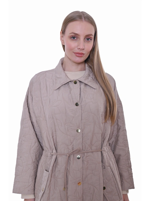 İNVEE 7041 Geniş Kalıp Belden Bağlamalı Kapitone Kap - Bej