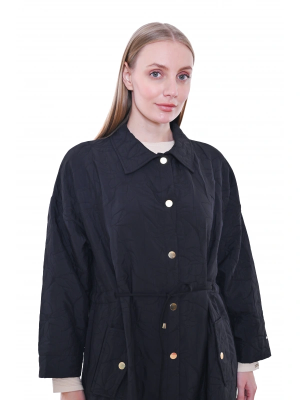 İNVEE 7041 Geniş Kalıp Belden Bağlamalı Kapitone Kap - Siyah