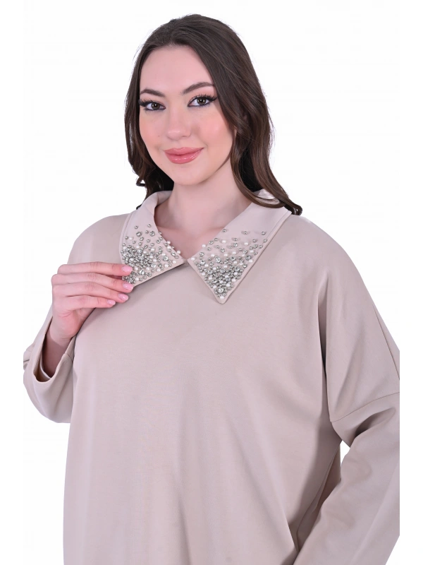 İNVEE 7046 Yakası Taş Detaylı Modal Takım - Bej