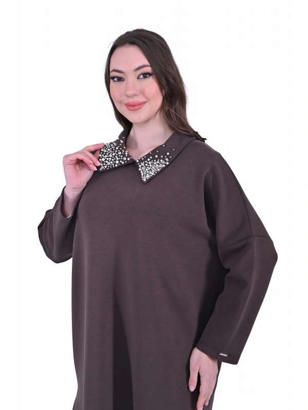 İNVEE 7046 Yakası Taş Detaylı Modal Takım - Kahve