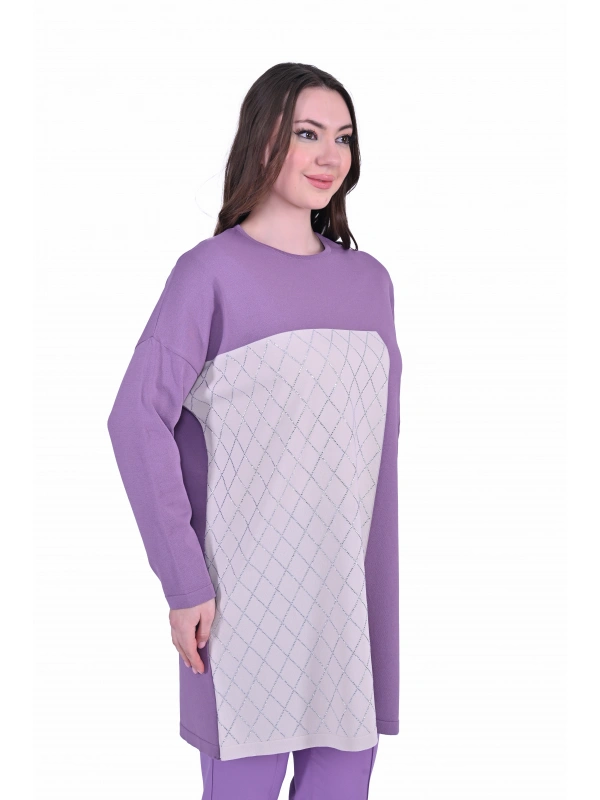 İNVEE 7062 Taş Baskılı Triko Tunik - Mor