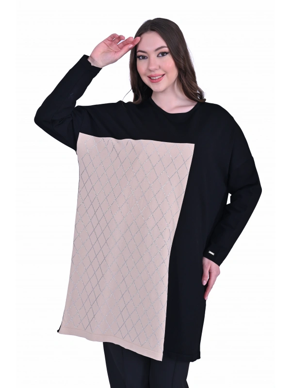 İNVEE 7062 Taş Baskılı Triko Tunik - Siyah