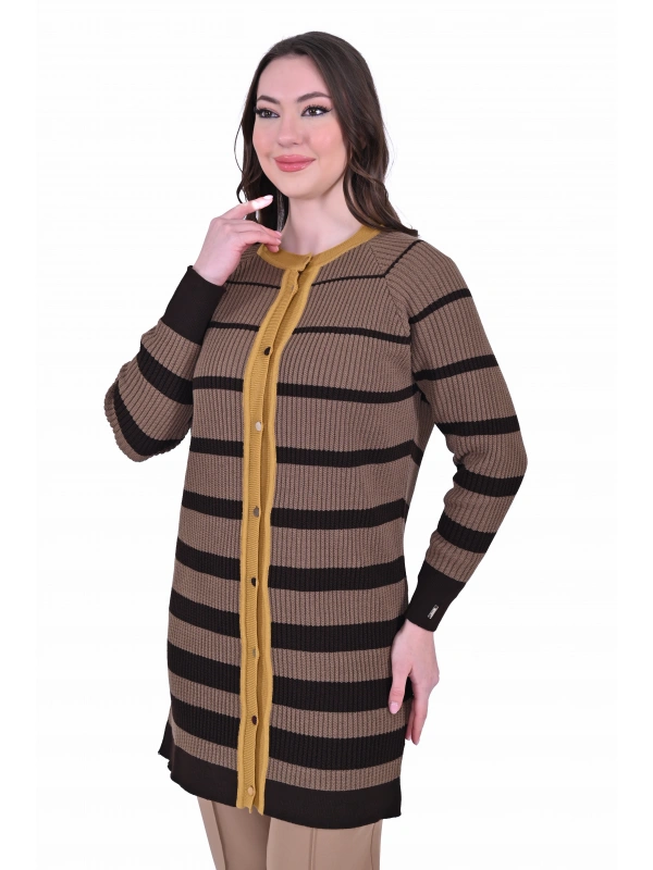 İNVEE 7075 Yün Karışımlı Renk Bloklu Hırka - Kahve