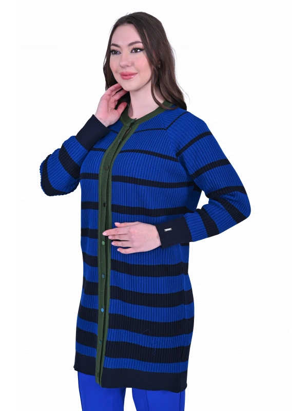 İNVEE 7075 Yün Karışımlı Renk Bloklu Hırka - Sax