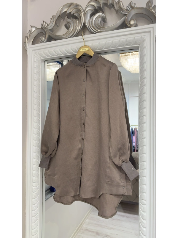 İNVEE Düğme Detaylı Geniş Gömlek - Vizon