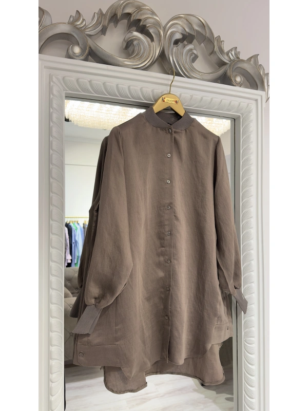 İNVEE Düğme Detaylı Geniş Gömlek - Vizon