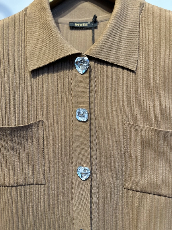 İNVEE Kalp Düğmeli Triko Takım - Toprak