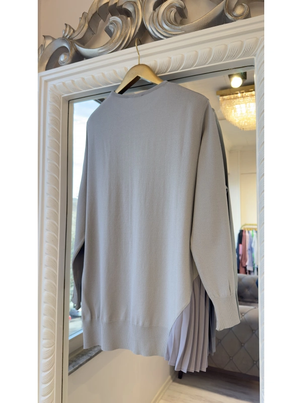 İNVEE Plise Detaylı Triko Tunik - Gri