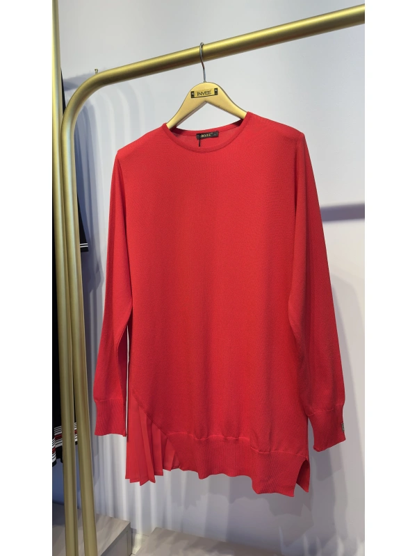 İNVEE Plise Detaylı Triko Tunik - Kırmızı