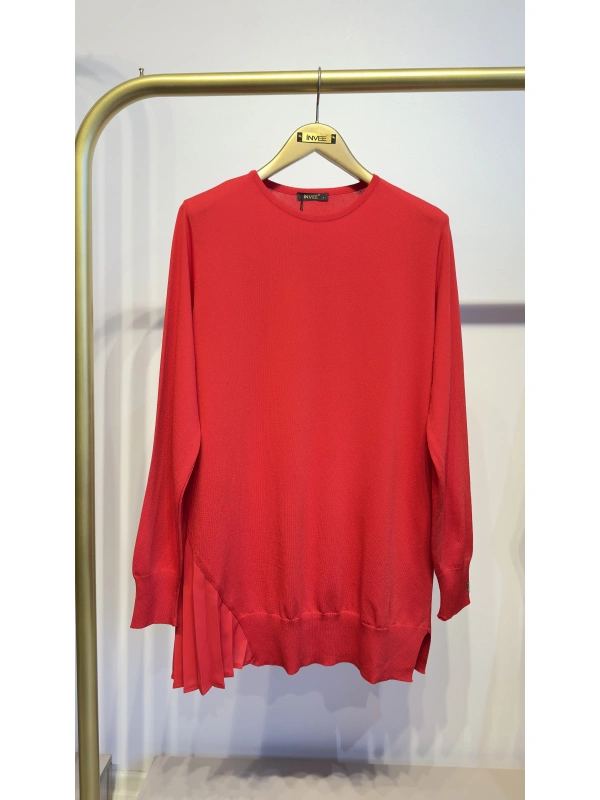 İNVEE Plise Detaylı Triko Tunik - Kırmızı