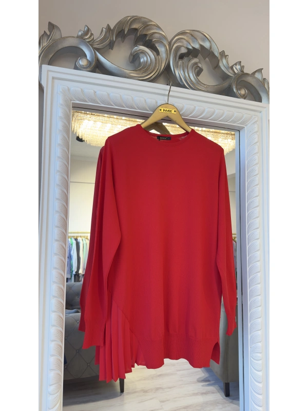 İNVEE Plise Detaylı Triko Tunik - Kırmızı