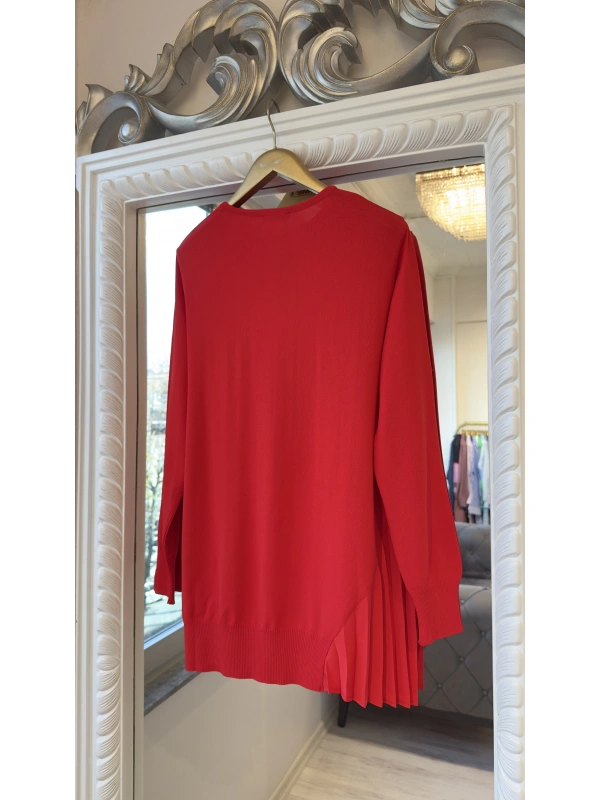 İNVEE Plise Detaylı Triko Tunik - Kırmızı