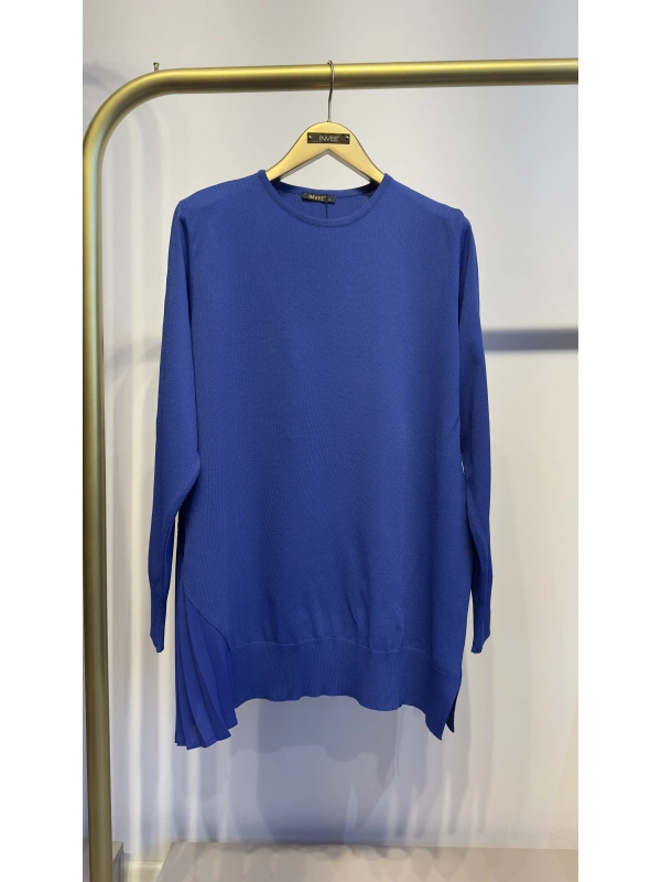 İNVEE Plise Detaylı Triko Tunik - Sax