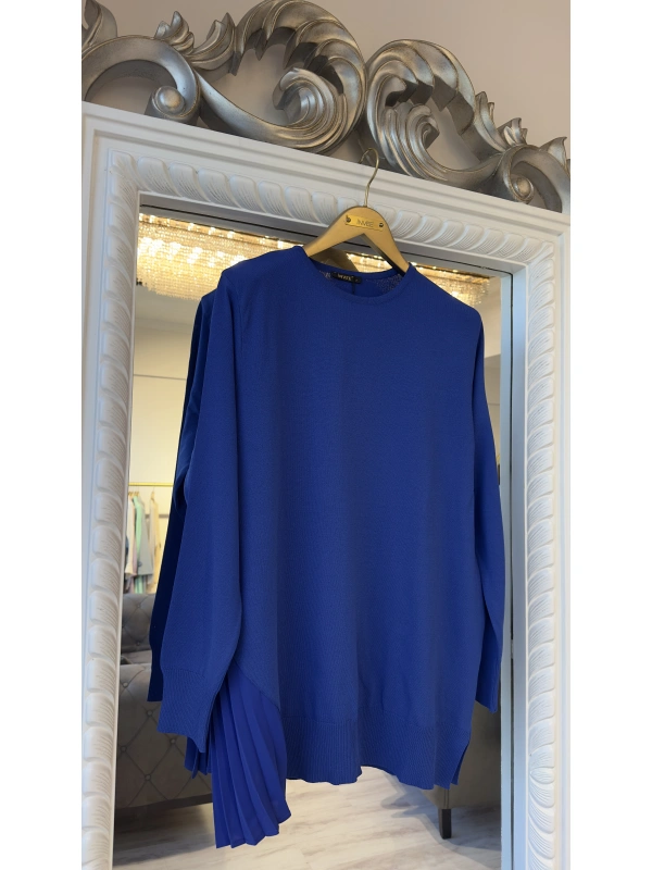 İNVEE Plise Detaylı Triko Tunik - Sax