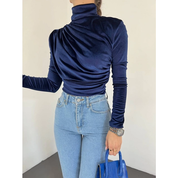 DRAPELİ KADİFE SAKS MAVİ BADİ