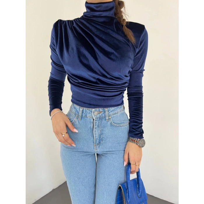 DRAPELİ KADİFE SAKS MAVİ BADİ