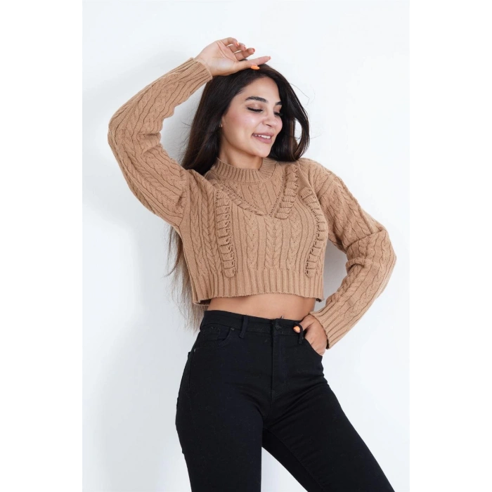 KAHVERENGİ CROP KAZAK