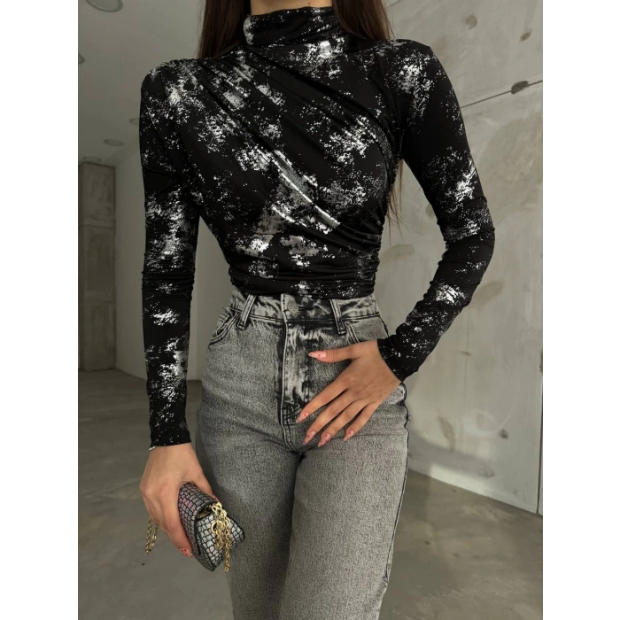METALİK DESENLİ SİYAH BLUZ