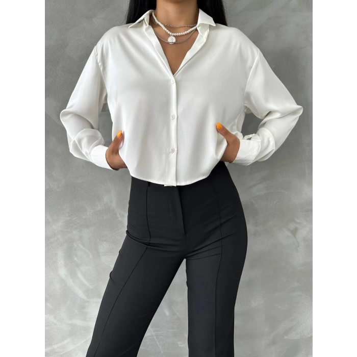 SATEN BEYAZ KADIN GÖMLEK