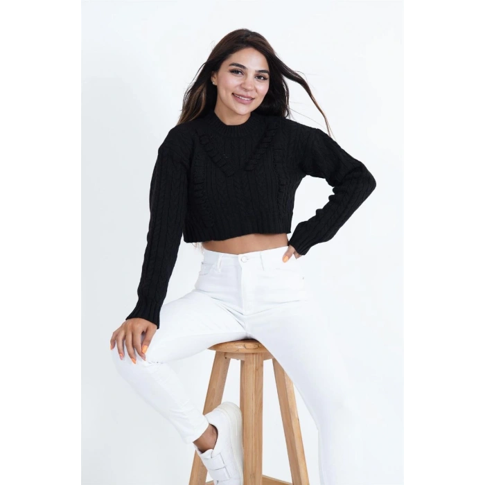 SİYAH RENK CROP KAZAK