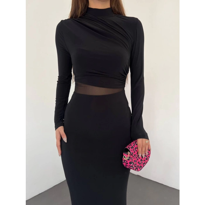 TÜL DETAYLI SİYAH ELBİSE