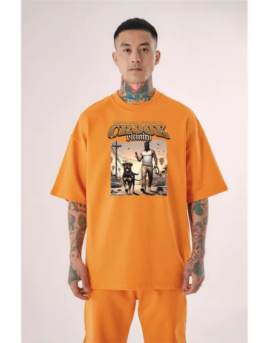 Erkek Gangster Pamuklu Oversize Electric Orange Tişört