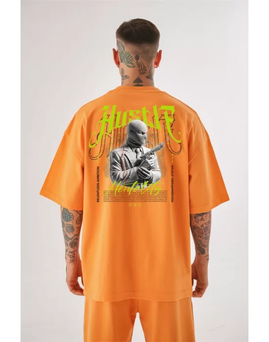 Erkek Streetwear Men with Mask Pamuklu Oversize Electric Orange Tişört