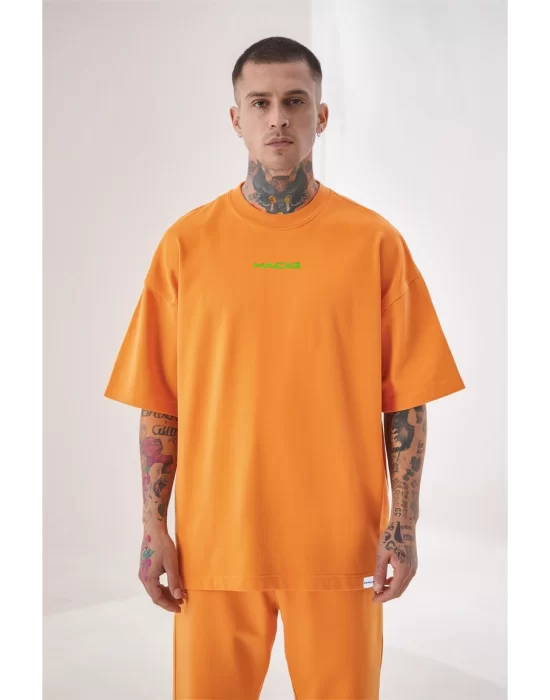 Erkek Streetwear Men with Mask Pamuklu Oversize Electric Orange Tişört